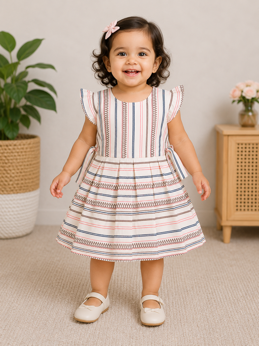 My Bubbly Girls Cream Pink Striped Fit & Flare Cotton Dress with Waist Tie Belt