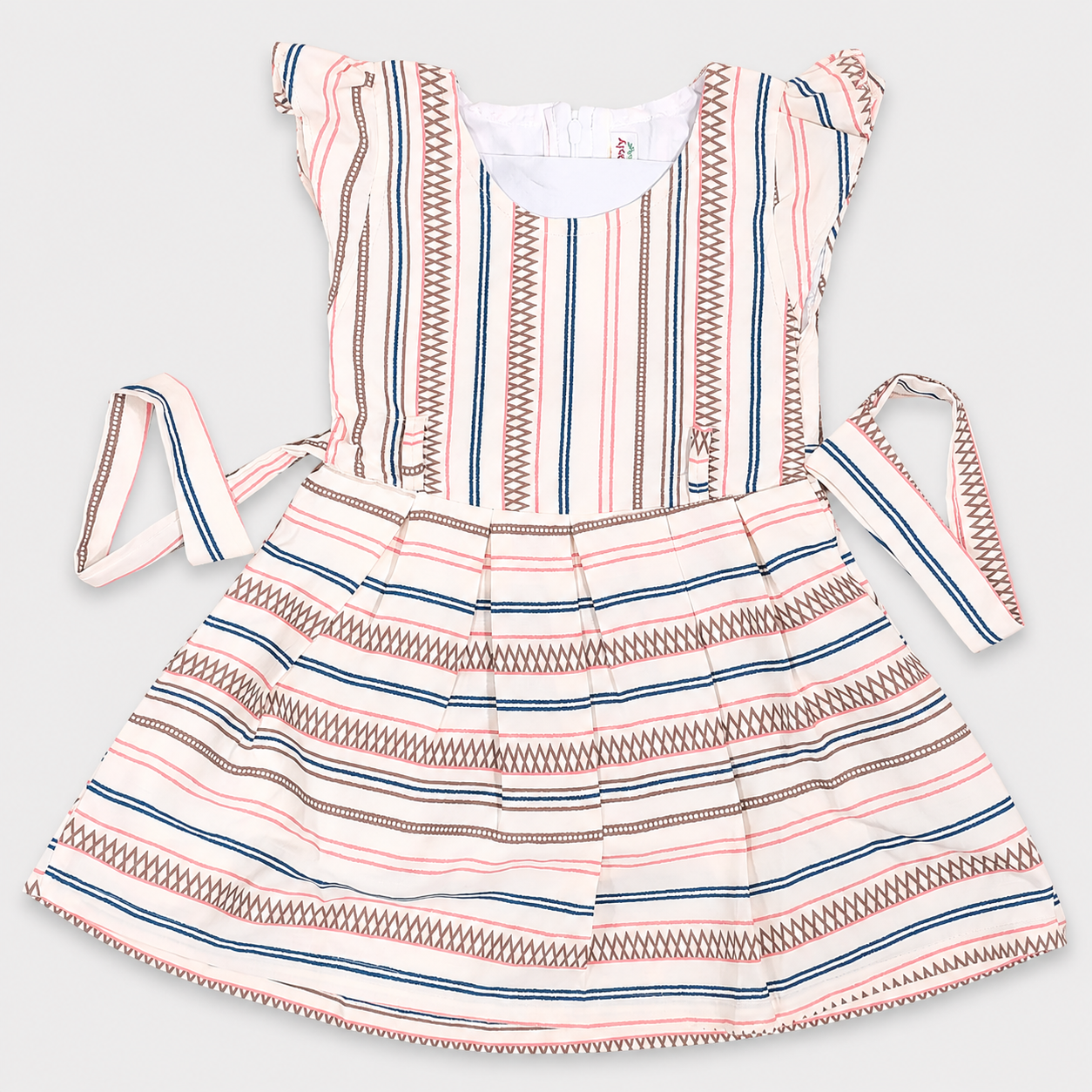 My Bubbly Girls Cream Multicolor Striped Fit & Flare Cotton Dress with Waist Tie Belt, Flutter Sleeves, Soft 100% Cotton Party Wear Dress for Girls | Cutypi.com