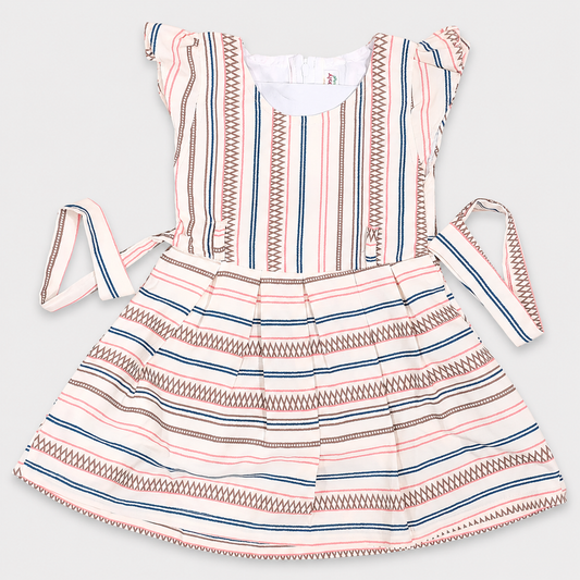My Bubbly Girls Cream Multicolor Striped Fit & Flare Cotton Dress with Waist Tie Belt, Flutter Sleeves, Soft 100% Cotton Party Wear Dress for Girls | Cutypi.com