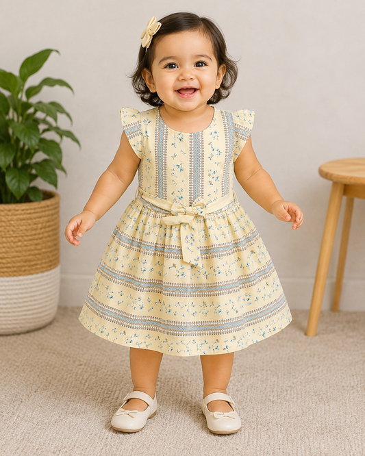 My Bubbly Girls Cream Floral Printed Fit & Flare Cotton Dress with Waist Tie Belt