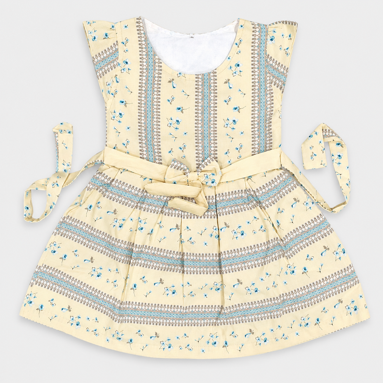 My Bubbly Girls Cream Floral Printed Fit & Flare Cotton Dress with Waist Tie Belt, Flutter Sleeves, Soft 100% Cotton Party Wear Dress for Girls | Cutypi.com
