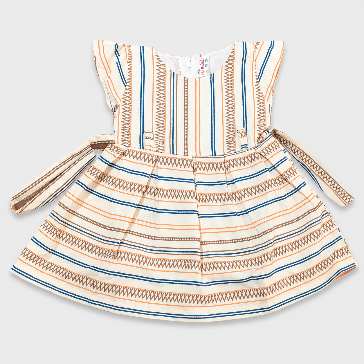 My Bubbly Girls Cream Striped Fit & Flare Cotton Dress with Waist Tie Belt, Flutter Sleeves, Soft Cotton Party Wear Dress for Girls | Cutypi.com