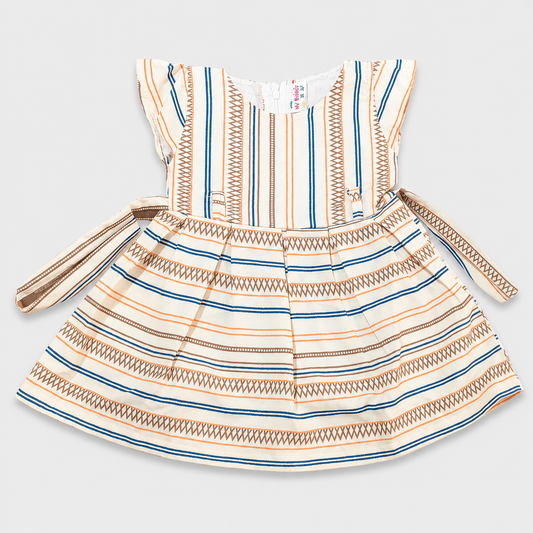 My Bubbly Girls Cream Striped Fit & Flare Cotton Dress with Waist Tie Belt, Flutter Sleeves, Soft Cotton Party Wear Dress for Girls | Cutypi.com