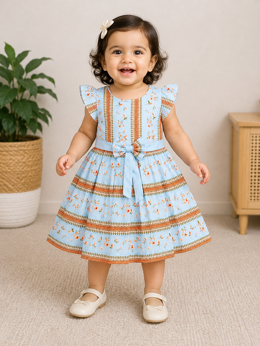 My Bubbly Girls Sky Blue Floral Printed Fit & Flare Cotton Dress with Waist Bow