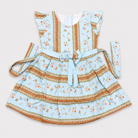 My Bubbly Girls Sky Blue Floral Printed Fit & Flare Cotton Dress with Waist Bow, Flutter Sleeves, Soft Cotton Party Wear Dress for Girls | Cutypi.com