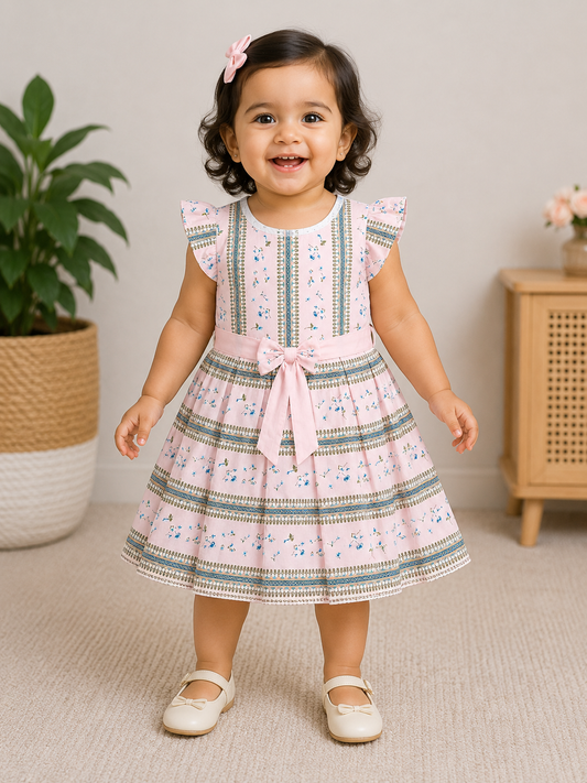 My Bubbly Girls Sky Blue Floral Printed Fit & Flare Cotton Dress with Waist Bow