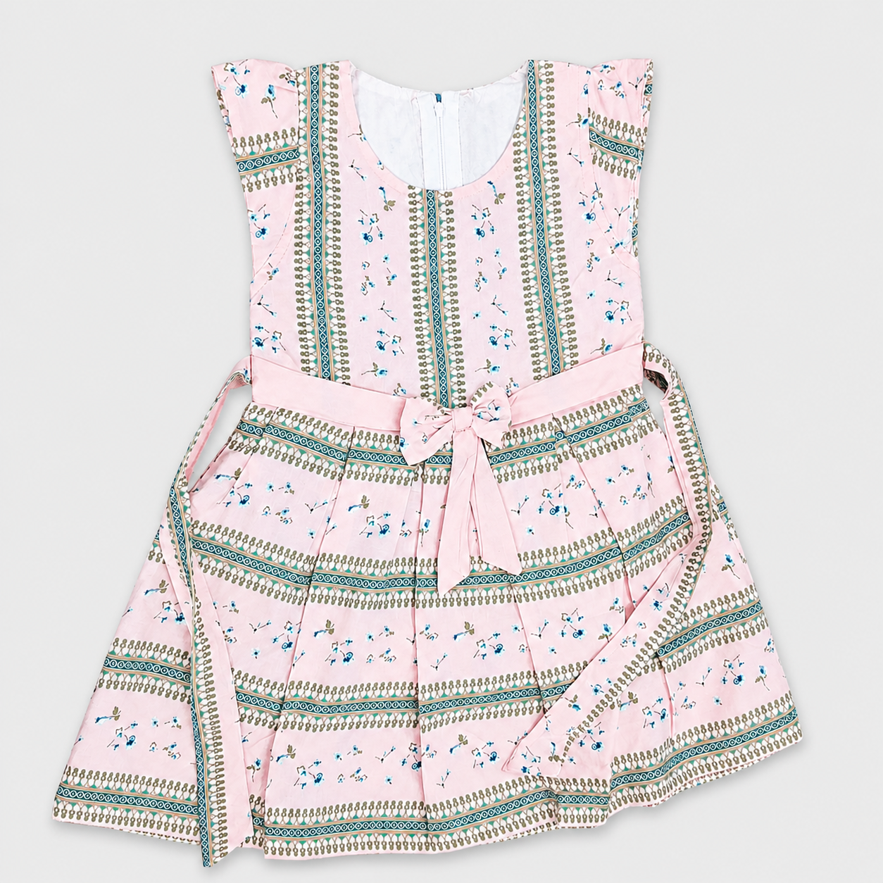 My Bubbly Girls Sky Blue Floral Printed Fit & Flare Cotton Dress with Waist Bow, Flutter Sleeves, Soft Cotton Party Wear Dress for Girls | Cutypi.com