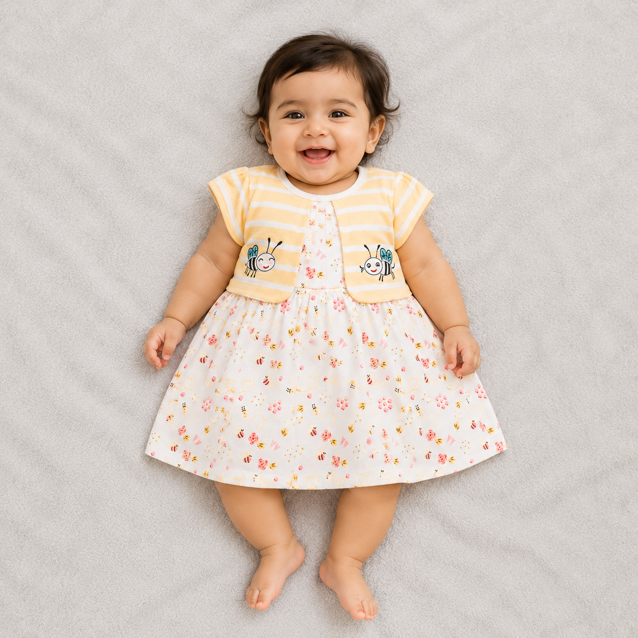 Unifair baby girls floral bee print frock dress with striped yellow bodice