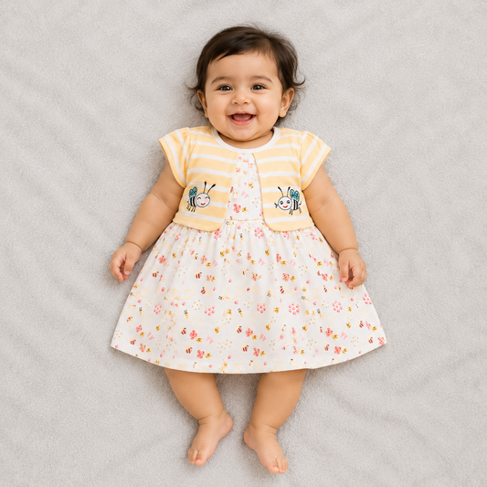 Unifair baby girls floral bee print frock dress with striped yellow bodice