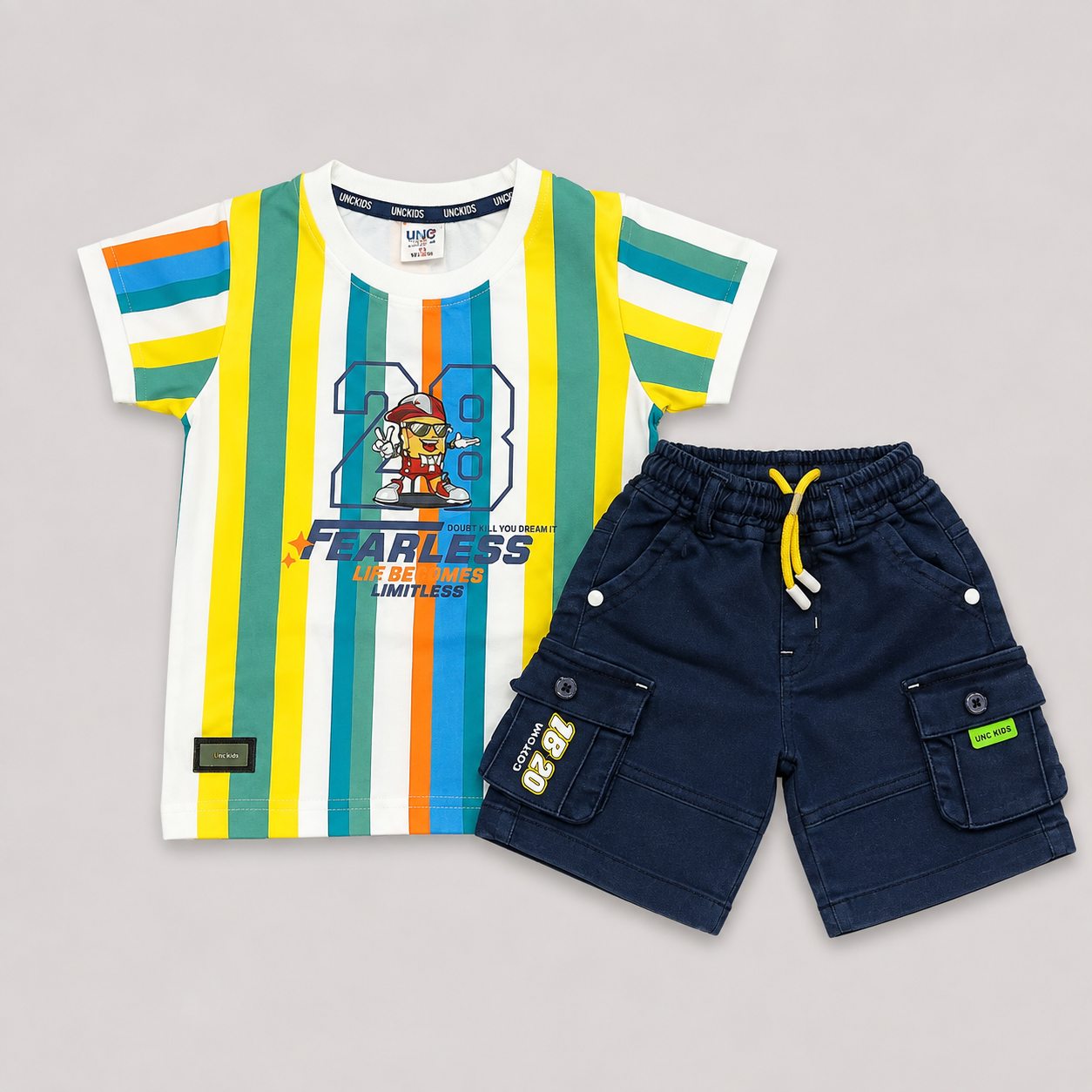 Uno Kids Boys Cotton T-Shirt & Cargo Shorts Set | Striped Summer Outfit | Cutypi