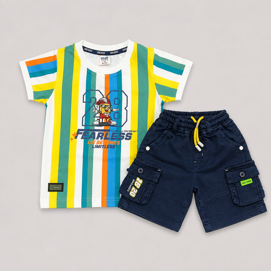 Uno Kids Boys Cotton T-Shirt & Cargo Shorts Set | Striped Summer Outfit | Cutypi
