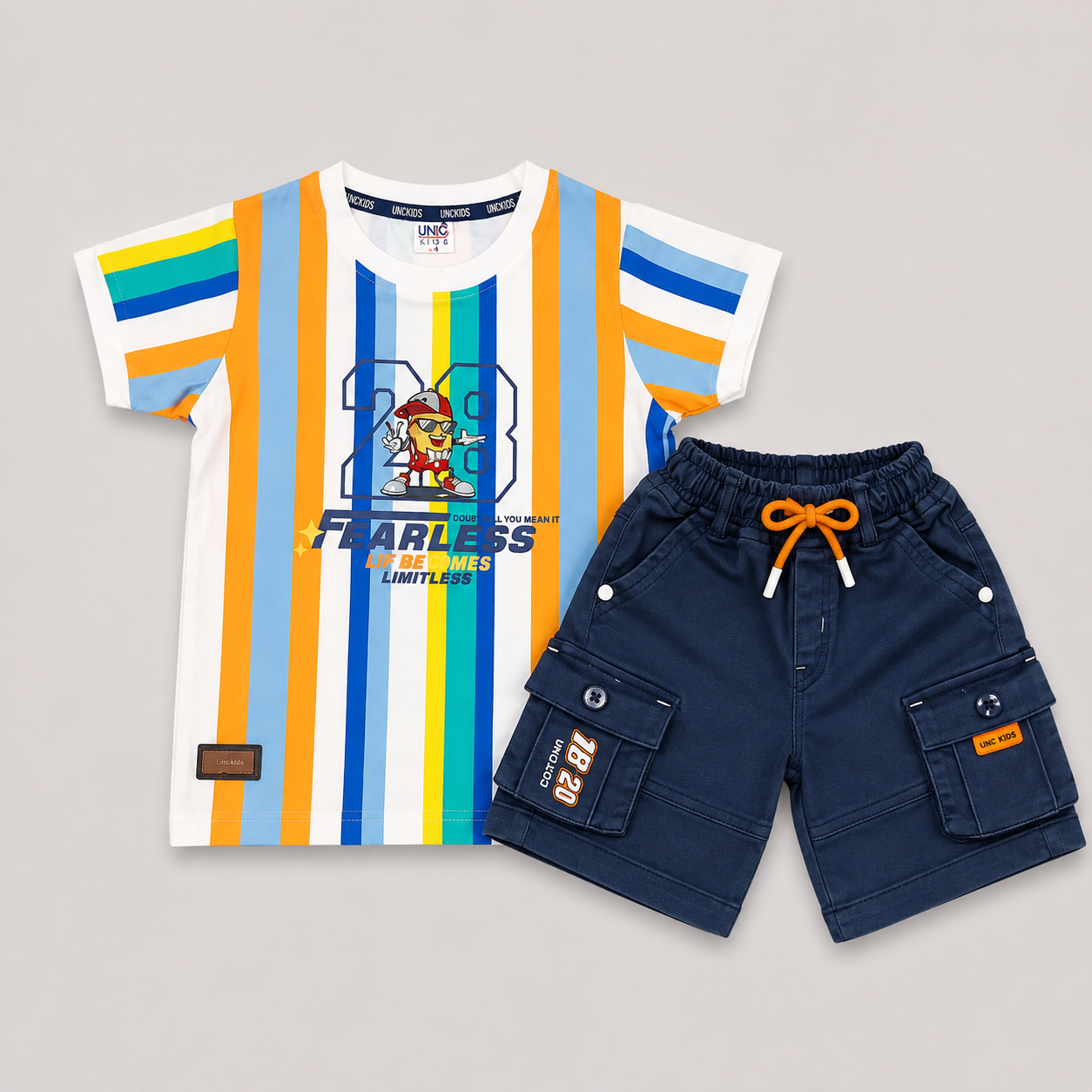 Uno Kids Boys Cotton T-Shirt & Cargo Shorts Set orange | Striped Summer Outfit | Cutypi