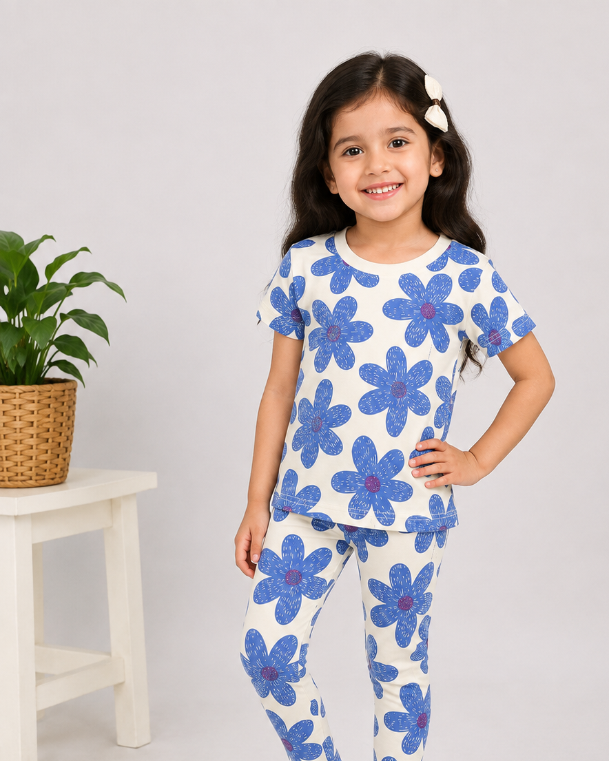 I Love Mom Girls Sky Blue Floral Co-ord Set | Kids Outfit