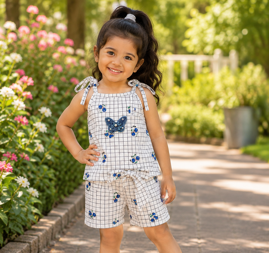 Girls White Checkered Top & Shorts Co-ord Set with Blue Butterfly Applique
