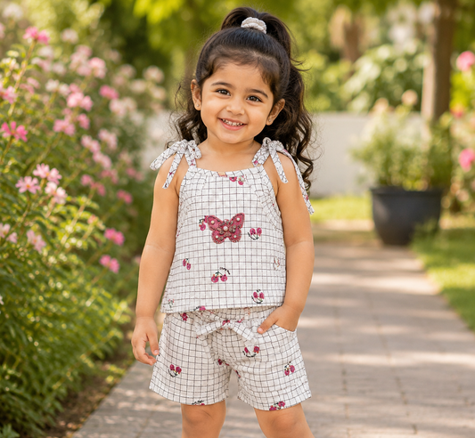 Girls White Checkered Printed Top & Shorts Co-ord Set with Butterfly Applique