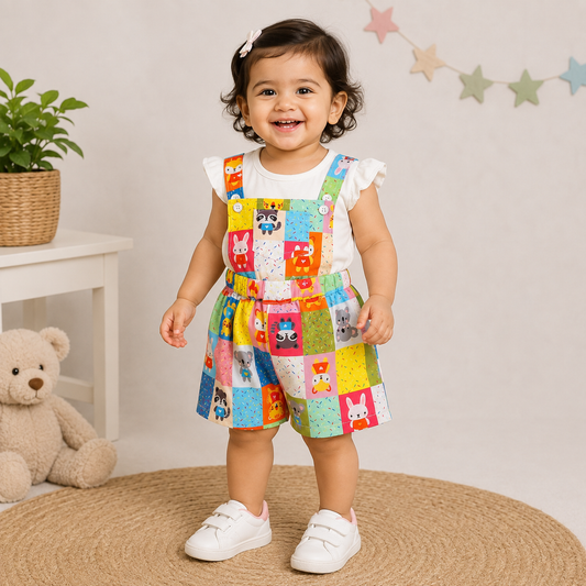 Girls Printed Dungaree Shorts Set with White Ruffle Sleeve Top