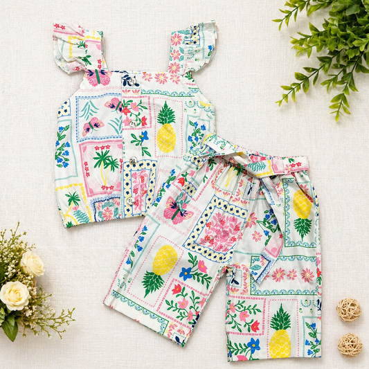 I Love Mom Girls Cotton Top & Shorts Set Floral Pineapple Print Summer Outfit - Cutypi