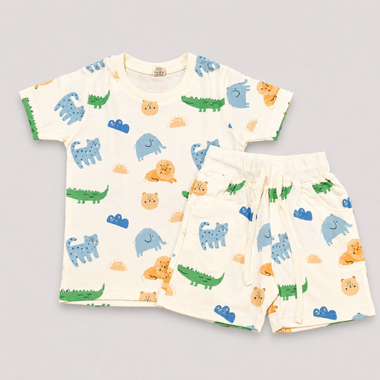 Krunchy Boys Cotton T-Shirt & Shorts Set | Animal Print Summer Co-ord | Cutypi