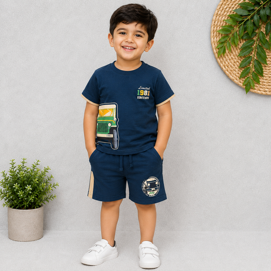 Krunchy Boys T-Shirt & Shorts Set | Navy Blue Printed Casual Outfit | Cutypi