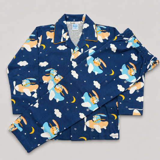 Little Bunny Boys Cotton Night Suit Airplane Print | Kids Full Sleeve Nightwear | Cutypi