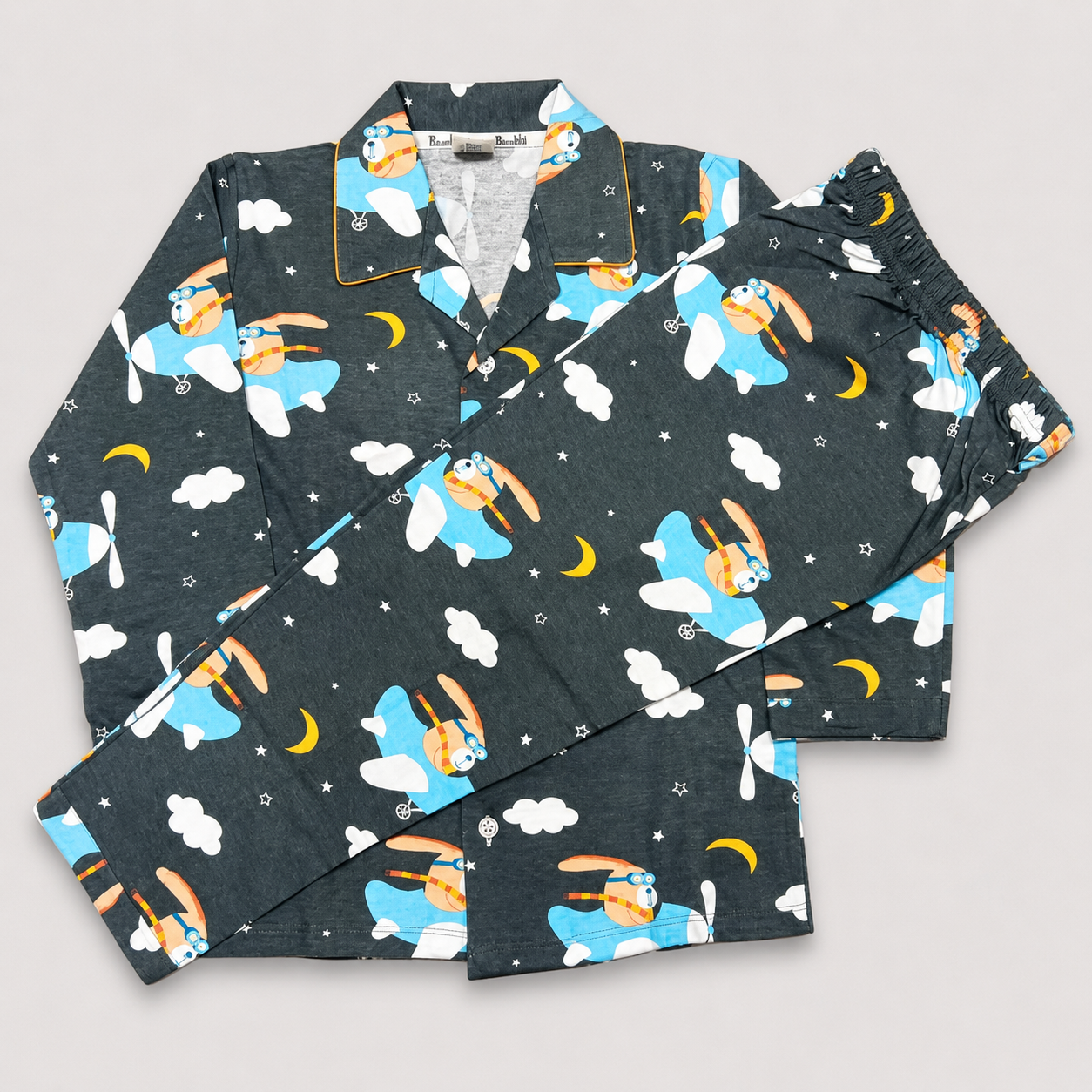 Little Bunny Boys Cotton Night Suit Charcoal Grey Airplane Print | Kids Sleepwear | Cutypi