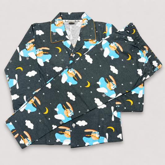 Little Bunny Boys Cotton Night Suit Charcoal Grey Airplane Print | Kids Sleepwear | Cutypi