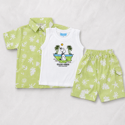 Little Champs boys green printed shirt and shorts set with white beach graphic vest