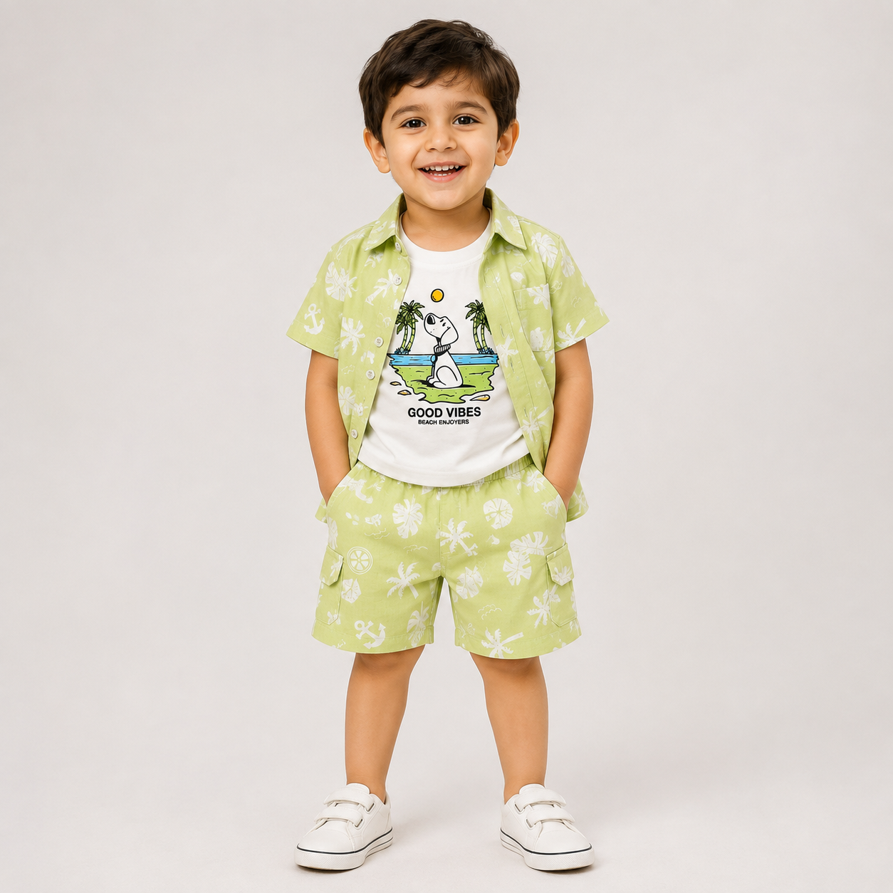 Little Champs Boys Green Printed Shirt & Shorts Set | Casual 3-Piece Outfit