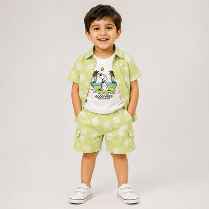 Little Champs Boys Green Printed Shirt & Shorts Set | Casual 3-Piece Outfit