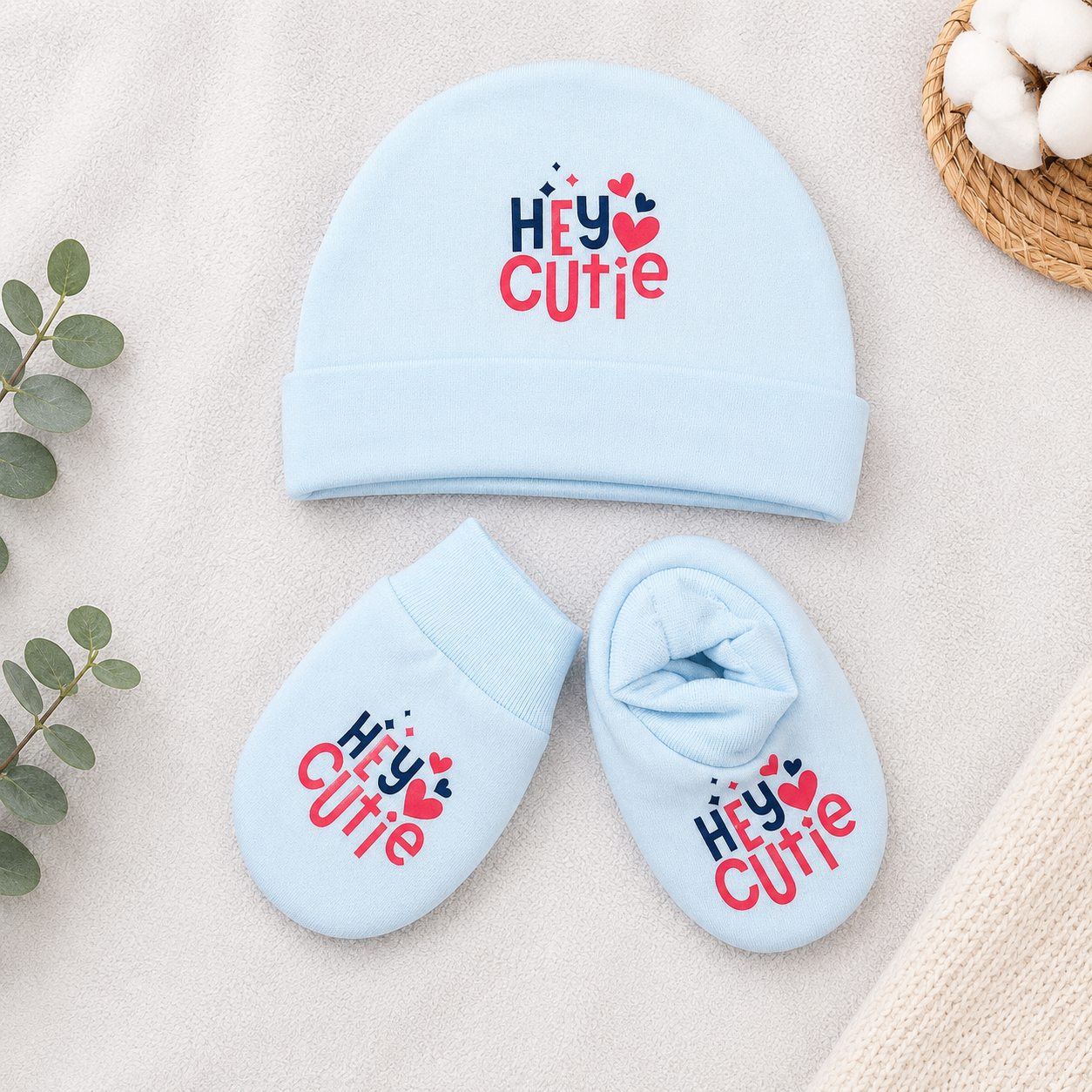 Newborn Baby Cotton Cap & Mittens Set Love You Print Soft Set- Cutypi
