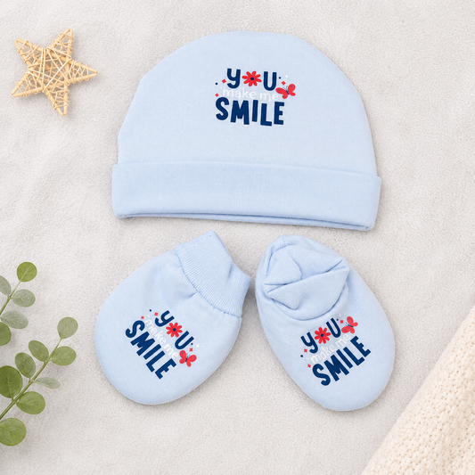 Newborn Baby Cotton Cap & Mittens Set Love You Print Soft Blue Set- Cutypi