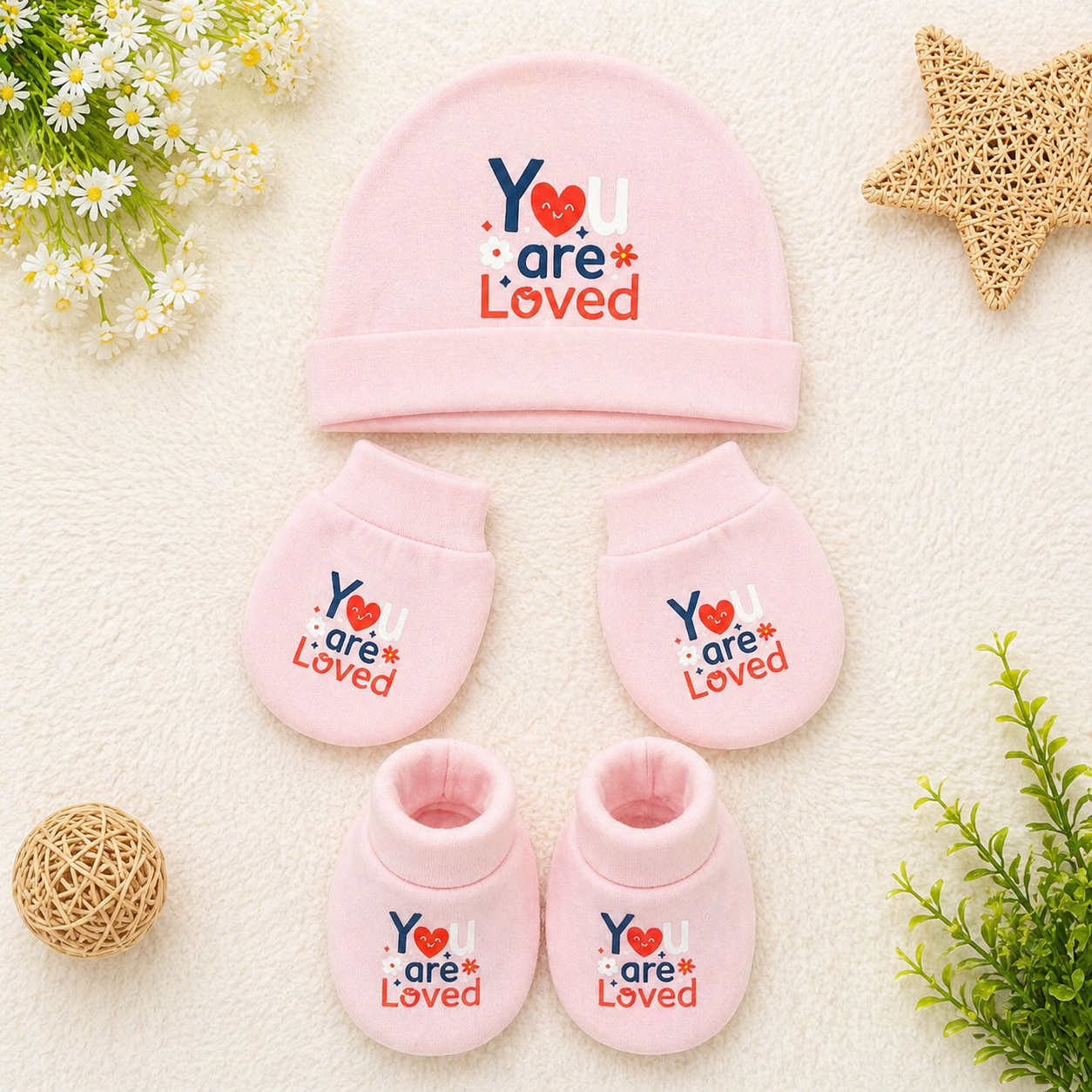 Simply Newborn Baby Cotton Cap & Mittens Set Love You Print Soft Set- Cutypi
