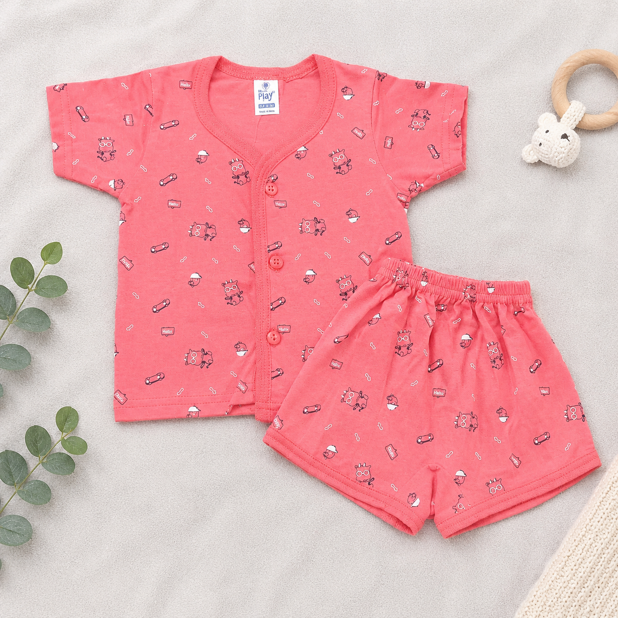 Newborn Baby Cotton Pink Printed Top & Shorts Set