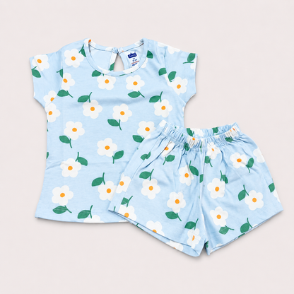 Simply Girls Sky Blue Floral Print Top & Shorts Set | Casual Summer Outfit