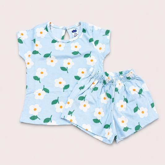 Simply Girls Sky Blue Floral Print Top & Shorts Set | Casual Summer Outfit