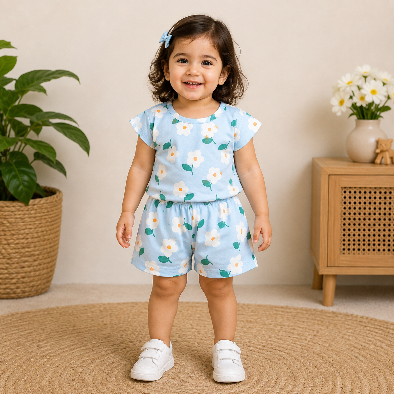 Simply Girls Sky Blue Floral Print Top & Shorts Set | Casual Summer Outfit
