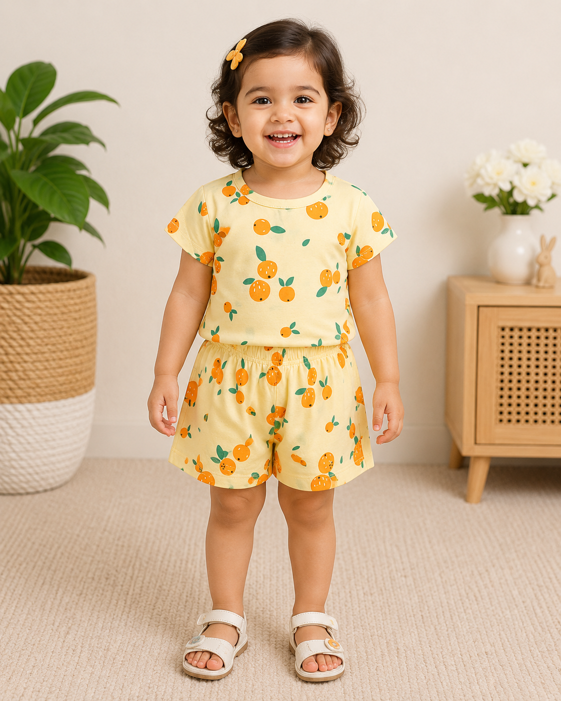 Simply girls yellow top and shorts set with cute orange fruit print
