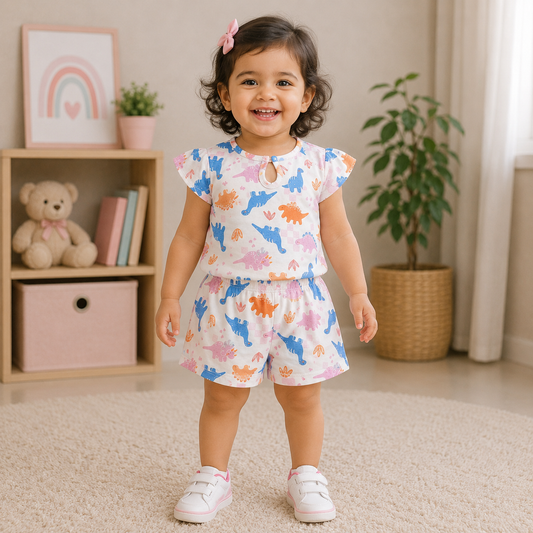 Simply kids multicolor dinosaur print short sleeve top and matching shorts set