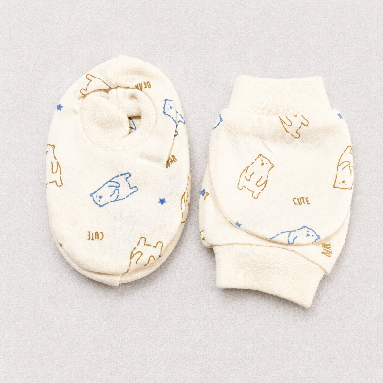Simply Newborn Baby Mittens & Booties Set Soft Cotton Cream Print