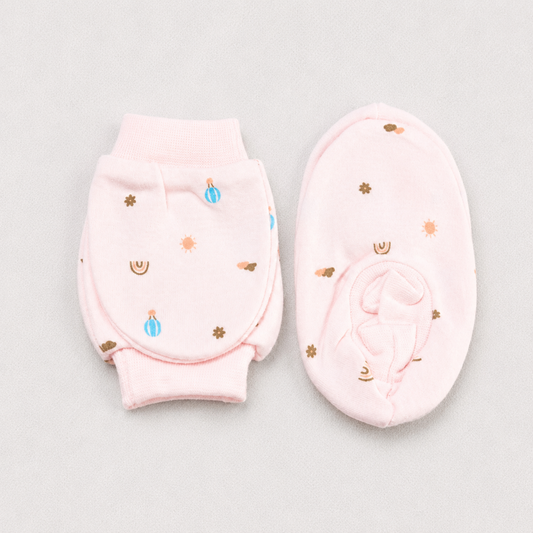 Simply Newborn Baby Mittens & Booties Set Soft Cotton Pink Print