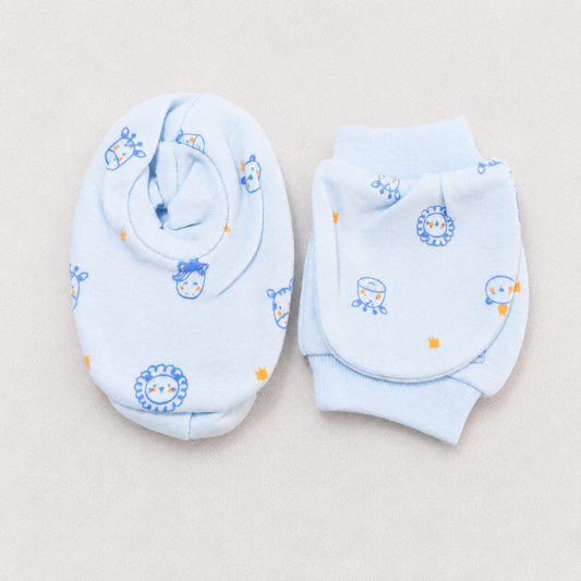 Simply Newborn Baby Mittens & Booties Set Soft Cotton Sky Blue Print