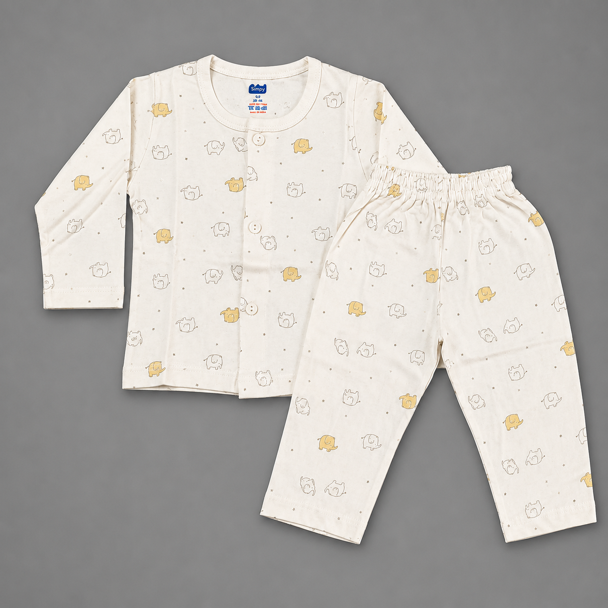 Simply Newborn Baby Cotton Full Sleeve Suit Cream Elephant Print