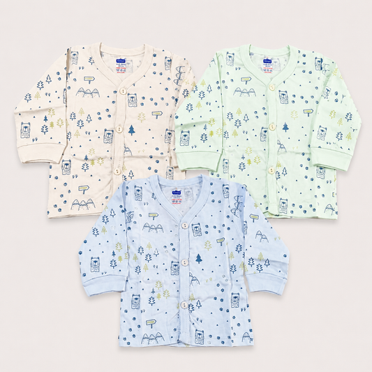 Simply Newborn Cotton Front Open Top Set of 3 – Printed Full Sleeve Baby Tops
