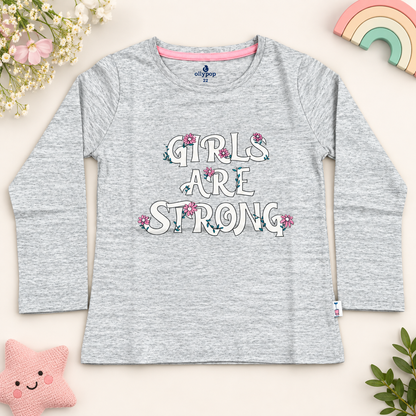 OlioKids Girls Full Sleeve Printed T-Shirt | Grey Kids Top