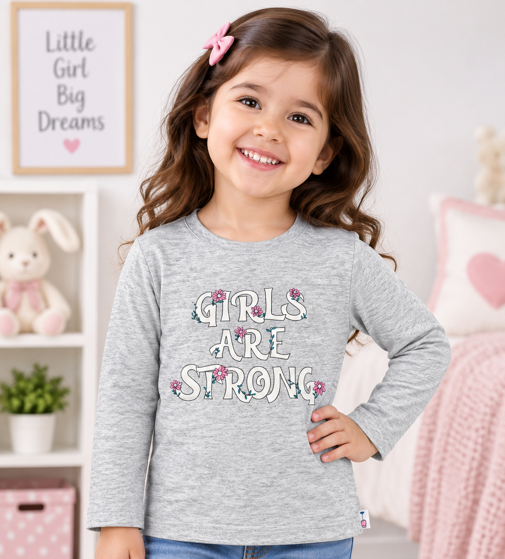 OlioKids Girls Full Sleeve Printed T-Shirt | Grey Kids Top | Cutypi