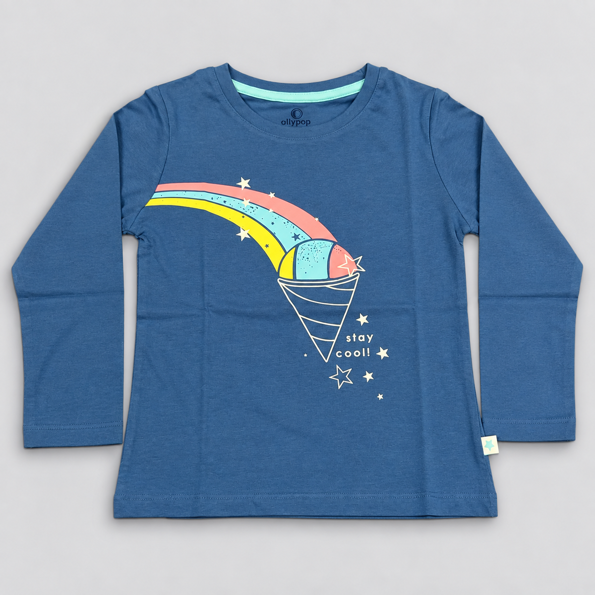 OlioKids Girls Full Sleeve Printed T-Shirt | Blue Kids Top