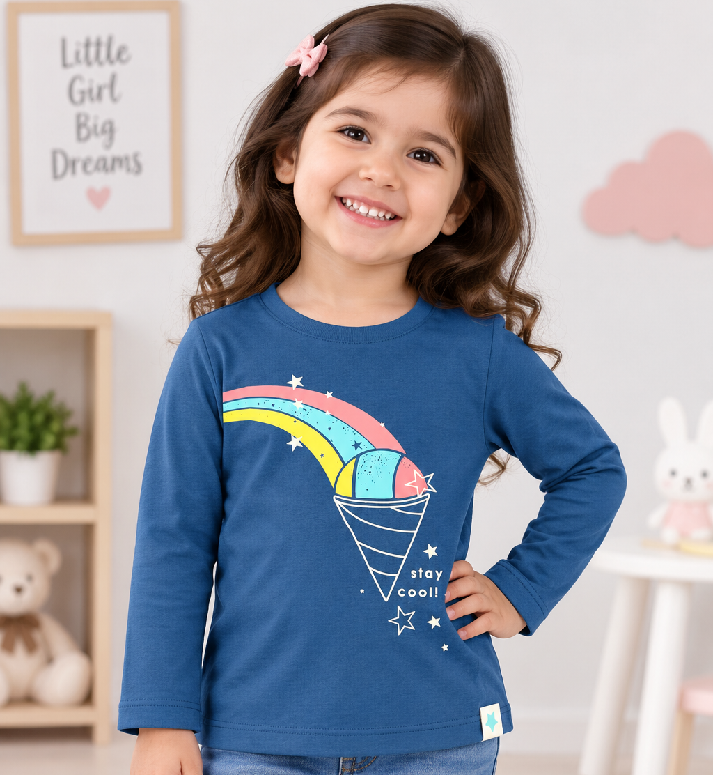 OlioKids Girls Full Sleeve Printed T-Shirt | Blue Kids Top | Cutypi