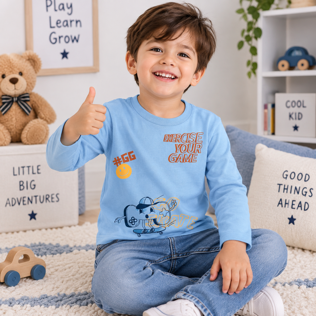 Krunchy Boys Sky Blue Full Sleeve Printed T-Shirt | Exercise Your Game | Cutypi
