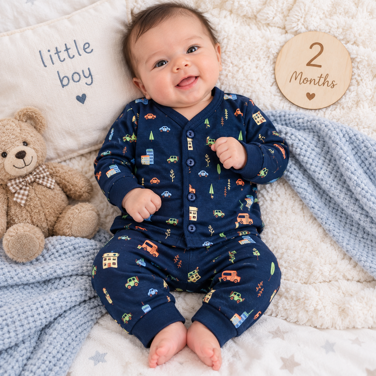 Krunchy Newborn Baby Boys Printed Shirt & Jogger Set | Navy Blue Baby Wear | Cutypi