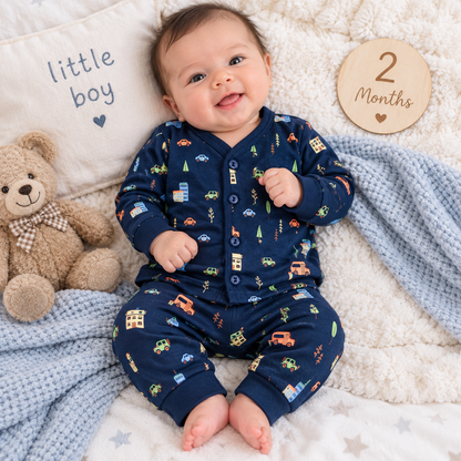 Krunchy Newborn Baby Boys Printed Shirt & Jogger Set | Navy Blue Baby Wear | Cutypi